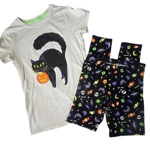 Cat & Jack 2pc Outfit Girls XL 14/16 Halloween Tshirt Leggings Black Cat‎ Skulls